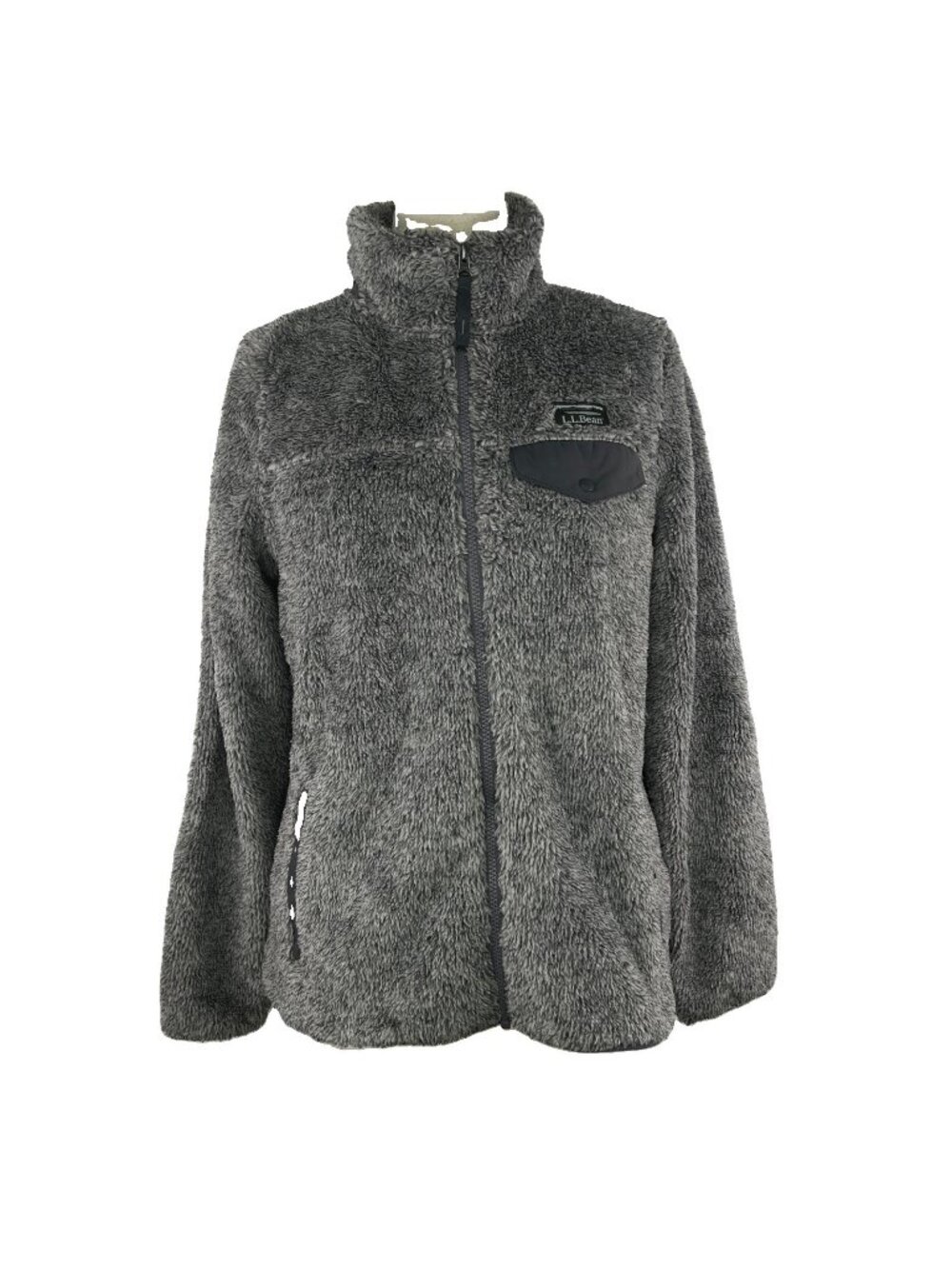 LL Bean High Pile Sz Small Gray Sherpa Fleece Full Zip Jacket Womens Zip Pockets